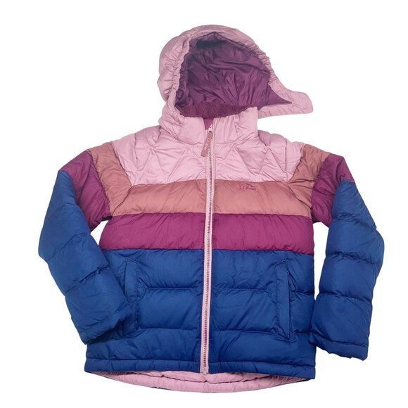 L.L. Bean Girls 8 Beans Down Puffer Jacket Colorblock Mauve Berry Winter Hooded - Picture 1 of 11